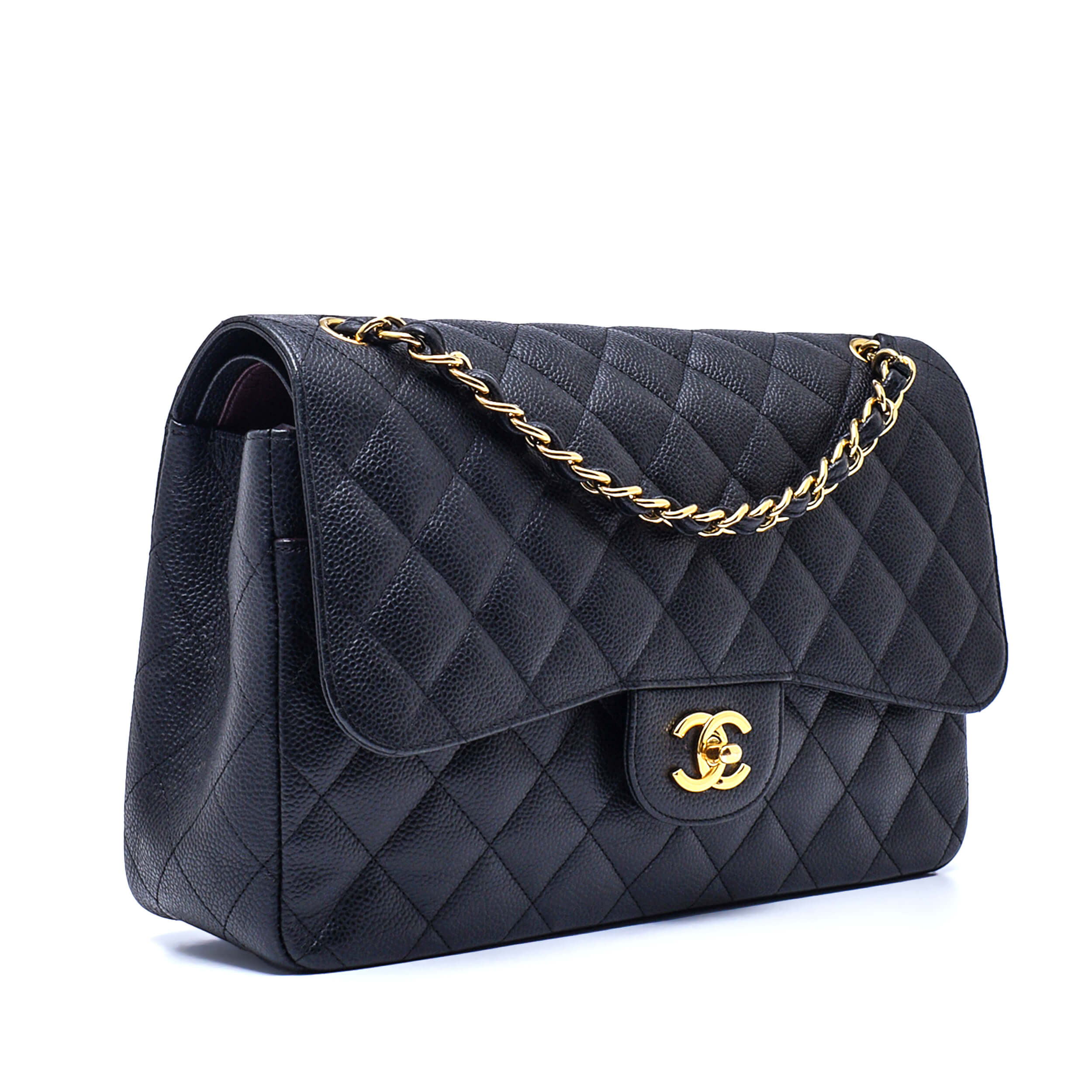 Chanel - Black Quilted Caviar Leather Jumbo Double Flap Bag